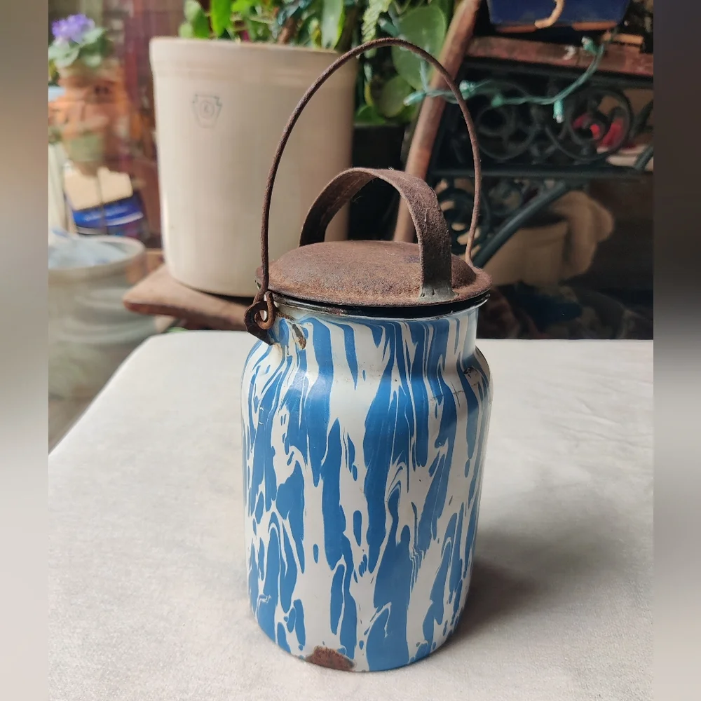 Antique Graniteware Milk Canister Pail Blue White Swirl Metal Lid Wire Handle